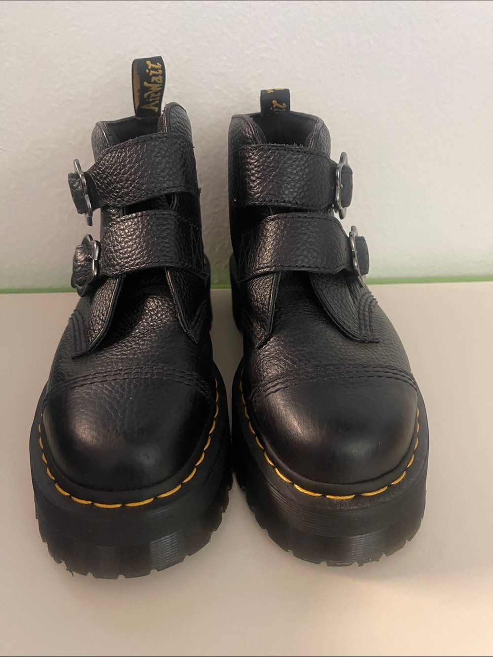 DR. MARTEN'S "Devon FLWR" Black Pebbled Leather Double Buckle Boots Size 9